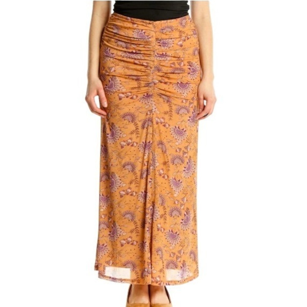 House of Harlow 1960 Apricot Violet Paisley Mesh‎ Ruched Maxi Skirt Size Medium
